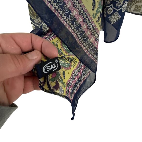 SAX Womens Sheer Vest Mandala Print Navy Blue Yellow Acrylic Open Front Bohemian - Picture 4 of 9